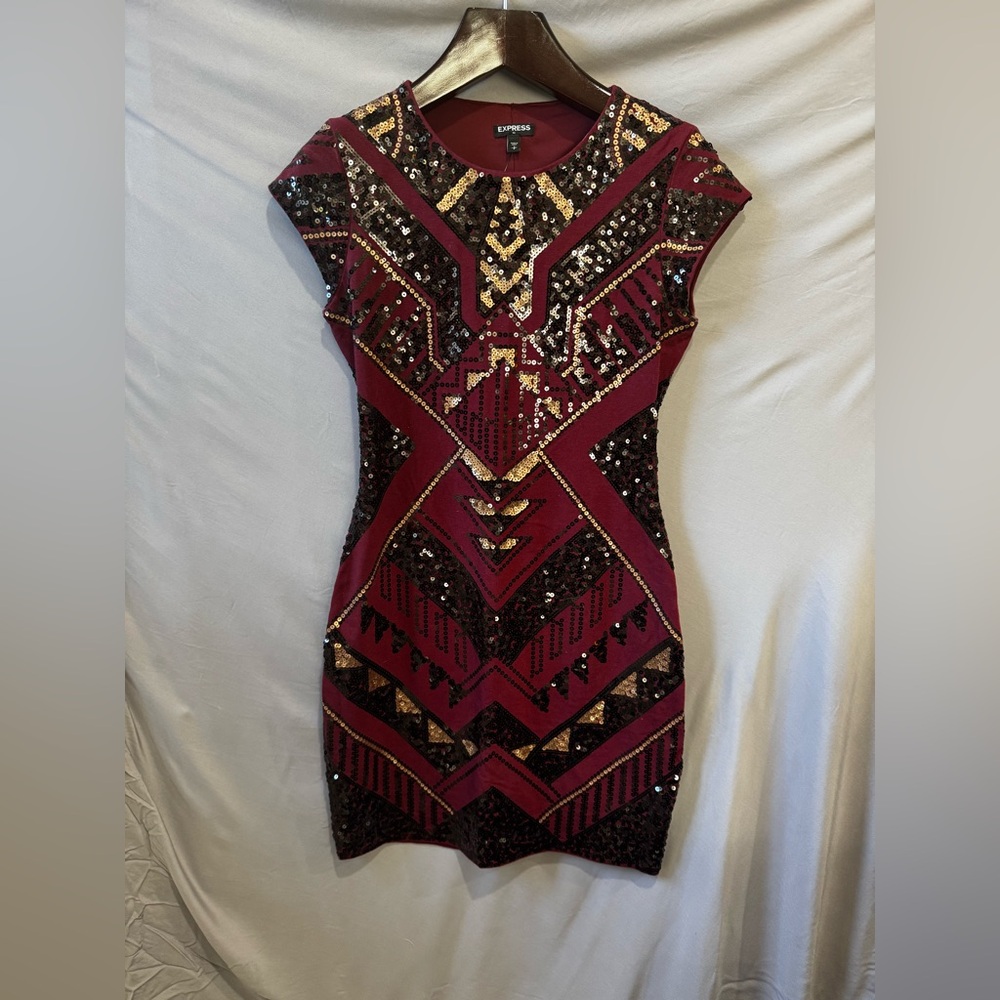 Express Burgundy and Gold Sequin Mini Dress